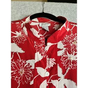 Yi Lin Red Silk Floral Beaded Sequin Blouse Mandarin Collar Plus Size 1X Holiday